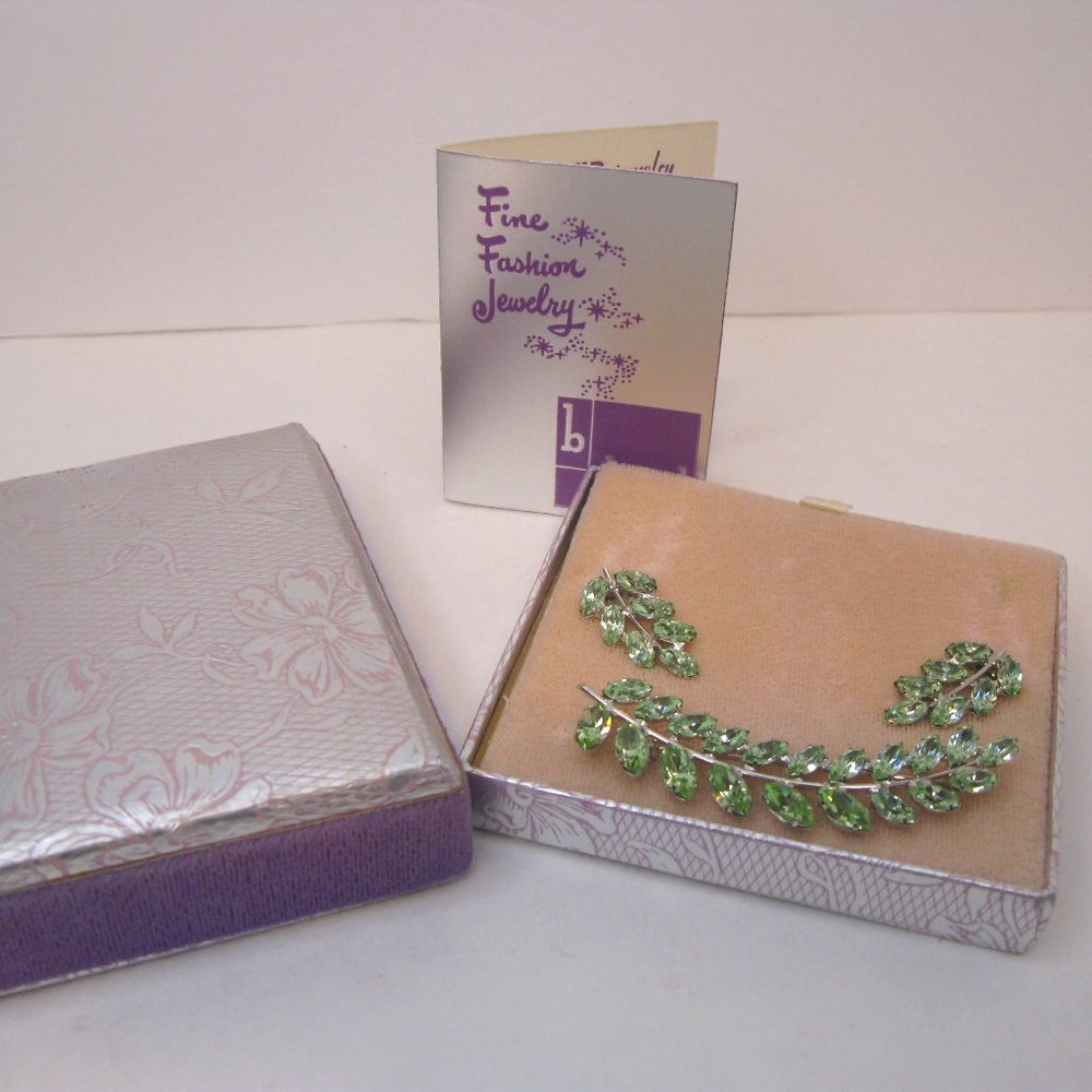 B David Limelite Green Rhinestone Brooch Clip Earring Set In Original Box